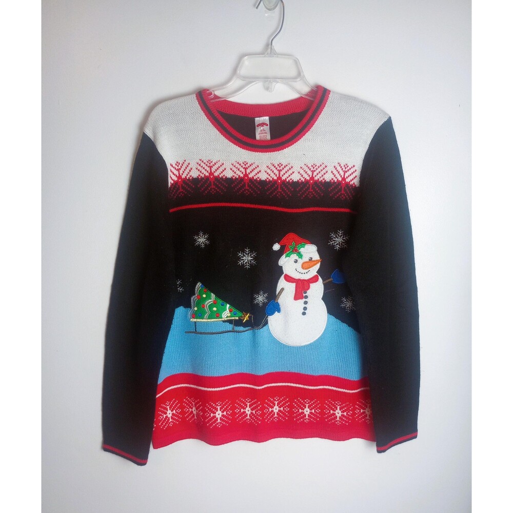 Vintage Womens Christmas Snowman Sweater / Size Large / Xmas Tree / 1980s